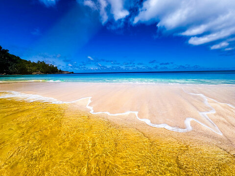 Golden shallow water meeting a pristine white sand beach, Seychelles paradise