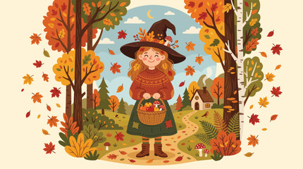Fototapeta premium Cozy autumn storybook illustration of cute little witch holding harvest basket in fall forest