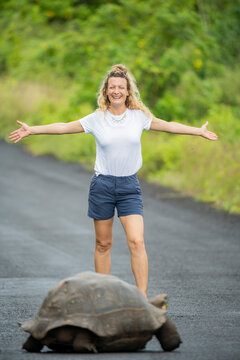 Smiling tourist with giant tortoise on Galapagos road