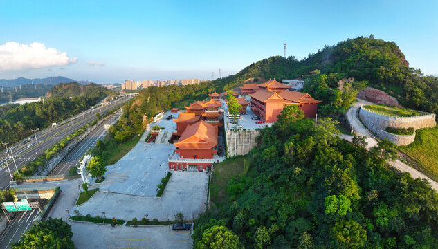 Aerial photography of Fengtian Reservoir at Guanyin Temple in Shizishan, Daya Bay Central City, Huizhou City