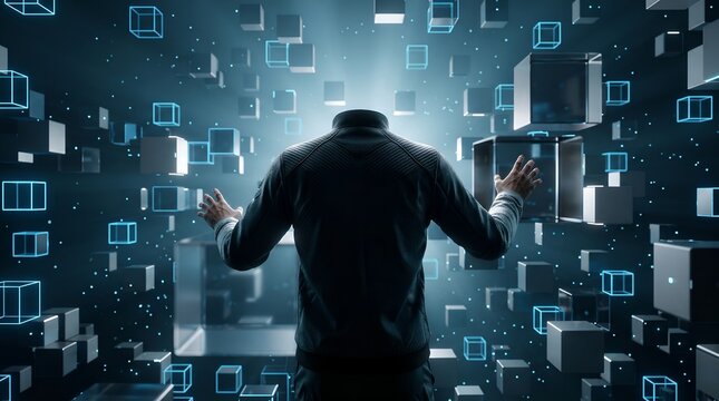 Virtual Reality User Interacting with Cloud Data Blocks Representing Metaverse Spatial Computing and Digital Transformation