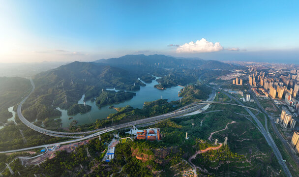 Aerial photography of Fengtian Reservoir at Guanyin Temple in Shizishan, Daya Bay Central City, Huizhou City