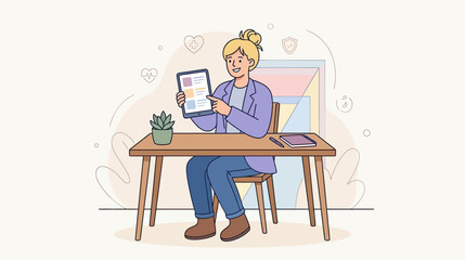 Fototapeta premium A woman presenting information on a tablet while working at a desk with a plant and notebook