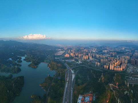 Aerial photography of Fengtian Reservoir at Guanyin Temple in Shizishan, Daya Bay Central City, Huizhou City