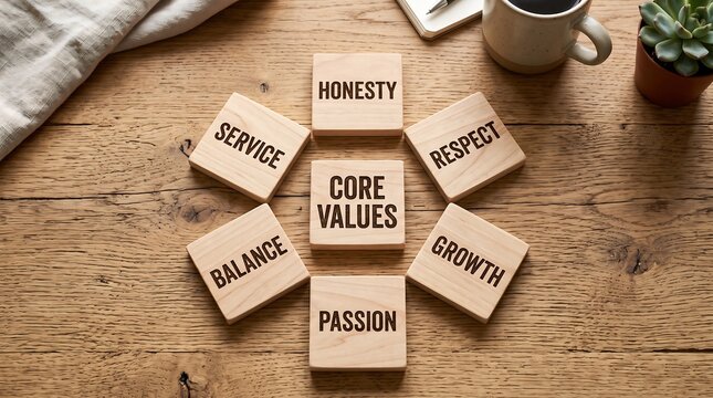 Core values wooden blocks on a rustic wooden desk