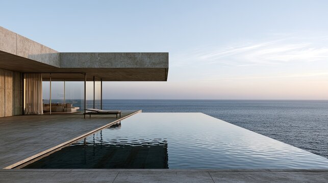 Minimalist concrete villa with infinity pool overlooking the tranquil sea