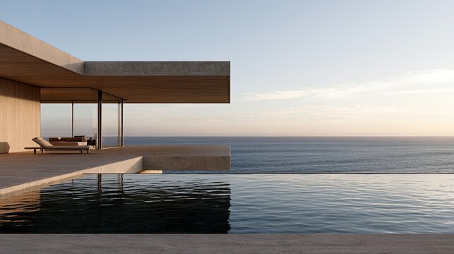 Modern concrete villa with infinity pool overlooking ocean at sunset (1)