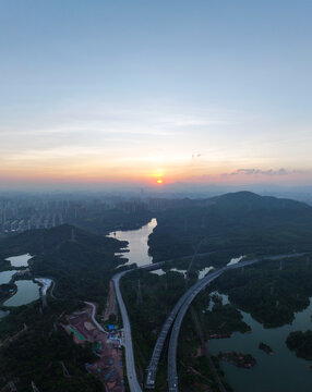 Aerial photography of Fengtian Reservoir at Guanyin Temple in Shizishan, Daya Bay Central City, Huizhou City