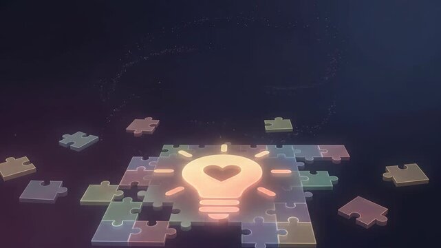 puzzle pieces with light bulb and heart symbol representing creativity and ideas