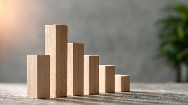 Wooden blocks arranged as a bar chart, showing a decline