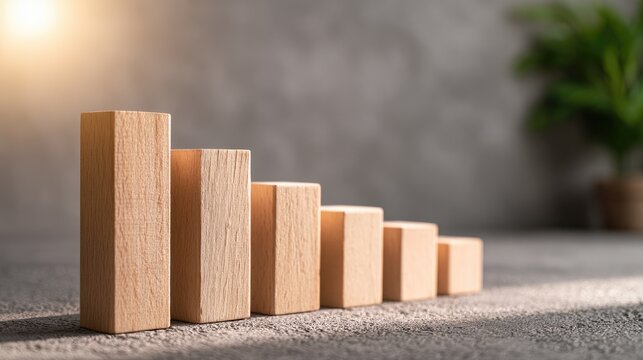 Wooden blocks arranged in a descending bar graph with soft sunlight