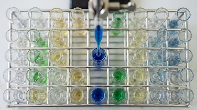 Pipette dispensing blue chemical liquid into a test tube inside a metal rack