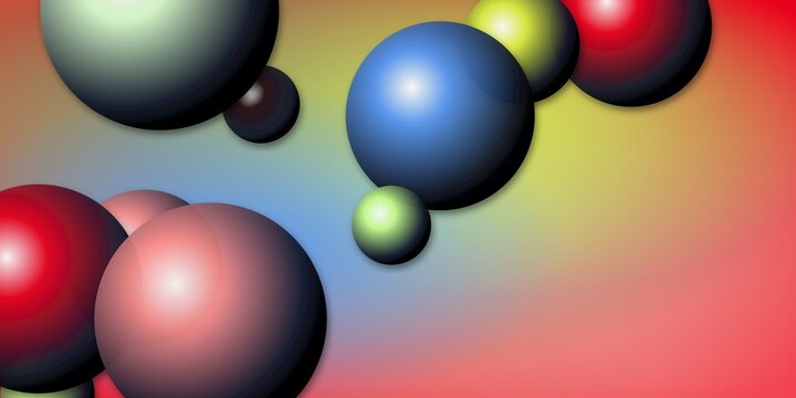 A vibrant collection of abstract spheres floats in a gradient backdrop, symbolizing molecular connections and digital innovation.