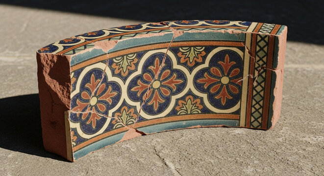 An ancient curved ceramic fragment displaying vibrant geometric floral patterns rests outdoors under natural sunlight, showcasing historical craftsmanship and weathering on weathered stone
