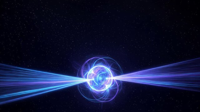 abstract light beams emanating from a central sphere in a cosmic background