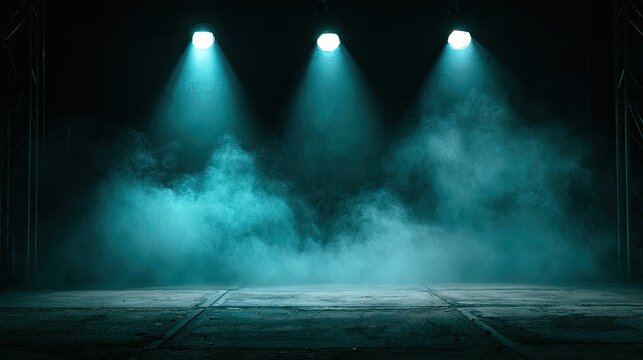 Three bright spotlights pierce through thick teal fog onto a concrete stage