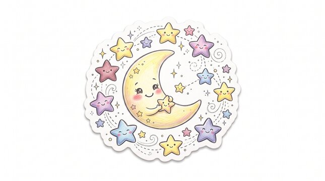 Adorable 3D moon and stars sticker, cute sleepy crescent moon wearing a tiny nightcap, surrounded by pastel stars and dreamy clouds