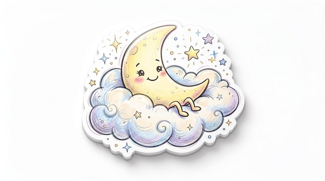 Adorable 3D moon and stars sticker, cute sleepy crescent moon wearing a tiny nightcap, surrounded by pastel stars and dreamy clouds