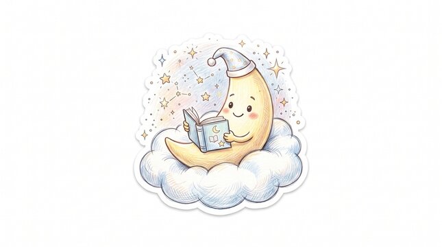 Adorable 3D moon reading a book sticker, cute crescent moon sitting on a fluffy cloud