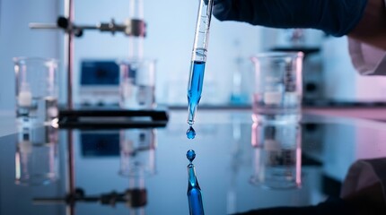 Fototapeta premium Scientific dropper releasing blue liquid drop inside a research laboratory