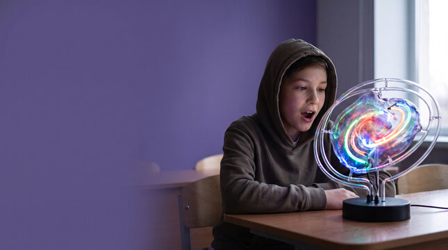 Young student mouth open in amazement 
looking at glowing science model against 
bold violet background with copy space