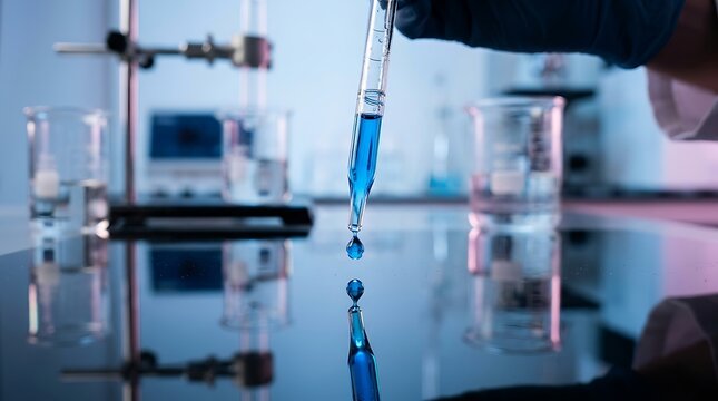 Scientific dropper releasing blue liquid drop inside a research laboratory
