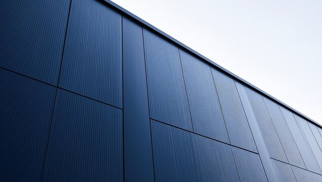 Modern building facade with dark, ribbed panels against a bright sky