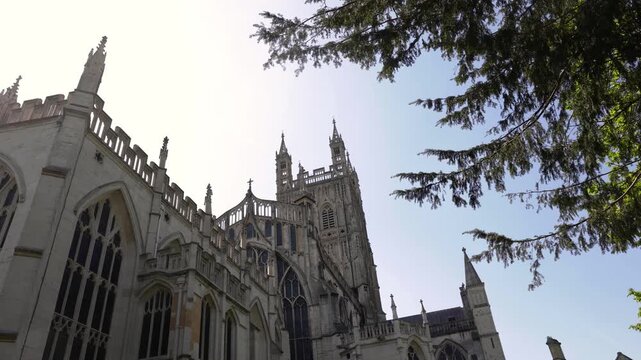 Horizontal 4K low angle shot of historic stone gothic towers and pinnacles framed by a bright green tree under a clear blue sky on a sunny day in the United Kingdom