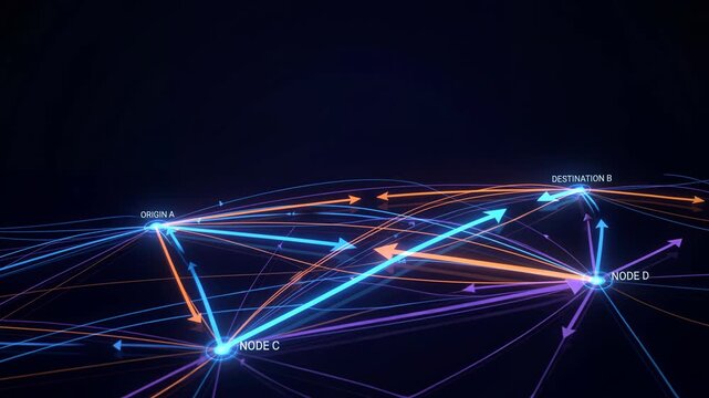 abstract network connections with nodes and arrows in motion on dark background
