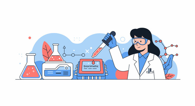 Female Scientist Conducting Biotechnology Research with Pipette and Biochip Vector Illustration