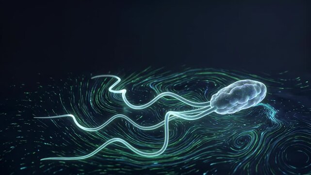 abstract sperm cell with brain moving in swirling digital space