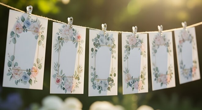Watercolor floral place cards hanging on a twine string with silver clips in a sunlit outdoor garden with soft bokeh background.