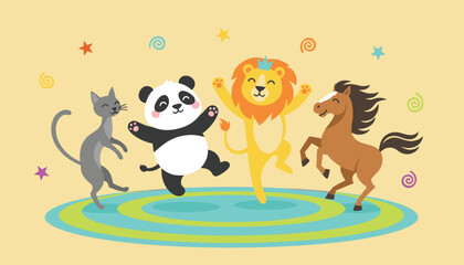 Fototapeta premium Joyful whimsical cartoon animals including a cat, panda, lion, and horse dancing together on a colorful circular rug.