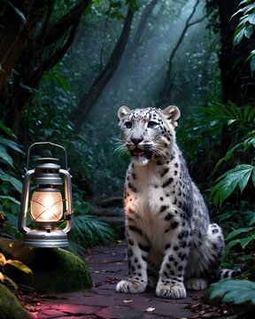 A  snow leopard cub  fantasy animal, digitally created, in a cursed lantern path
