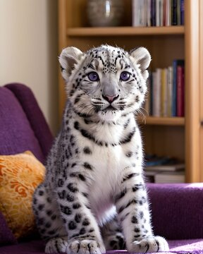 A  snow leopard cub in a living room