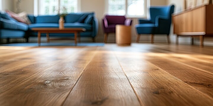 Warmly lit hardwood floor in a living room with blue sofa