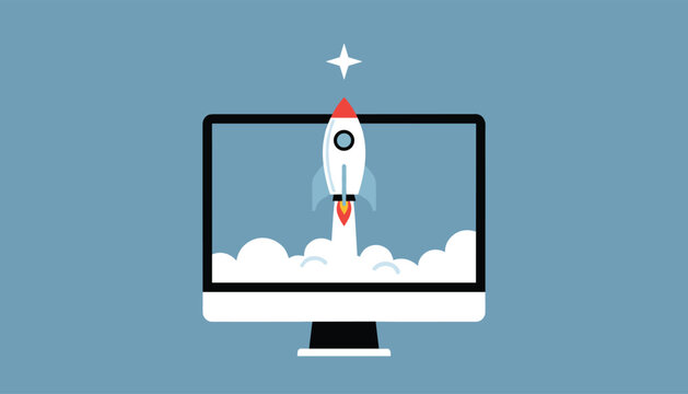 Modern concept of business startup showing a cartoon rocket launching from a computer monitor into a blue sky.