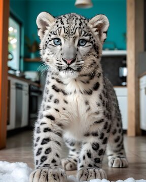 A snow leopard cub in a kitchen