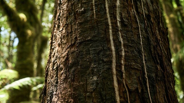 Close-up of a textured tree trunk with vertical streaks, blurred forest background