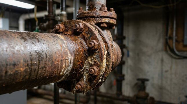 Close-up of heavily corroded industrial pipe flange with bolts
