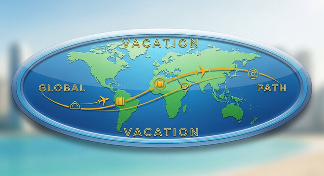 A conceptual graphic displays a worldwide journey mapping international flights across continents inside an oval blue emblem symbolizing worldwide tourism adventures spanning the entire planet