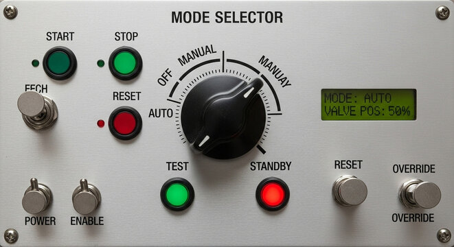 Industrial metallic control panel featuring a central rotary mode selector knob, green and red indicator LED lights, toggle switches, and a digital display screen used for manufacturing systems