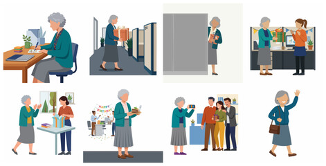 Fototapeta premium Senior female professional office life and retirement celebration scenes flat illustration