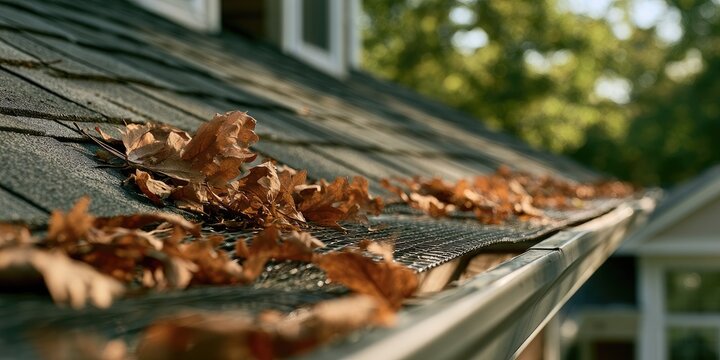 Dry autumn leaves clog a house gutter, obscuring the roof edge
