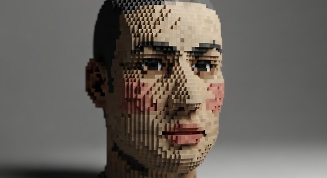 A male head sculpture constructed from small square cubic blocks, high angle composition with soft studio lighting in a minimalist abstract style.