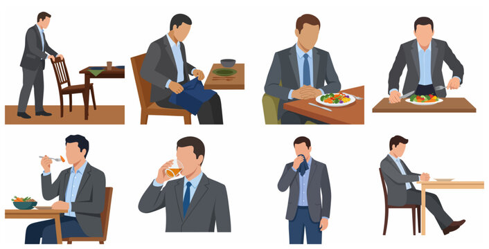 Set of flat vector illustrations showing a businessman following formal dining etiquette and table manners during a business lunch or restaurant meal.