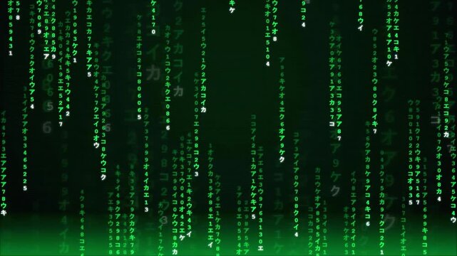 Digital rain of green binary code and characters falling on a black background