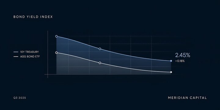 Professional dark mode financial infographic displaying bond yield index chart with 10y treasury and agg bond etf curves declining for corporate economic analysis.