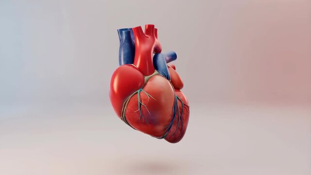 Anatomical human heart rotating in midair against a soft neutral medical background