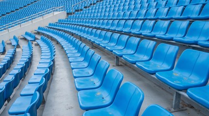 Naklejka premium Symmetrical Rows of Empty Blue Plastic Seats in a Large Outdoor Sports Stadium
